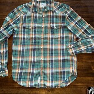 Lucky Brand Shirt Mens Medium Green Blue Plaid Pearl Snap Western Classic Fit